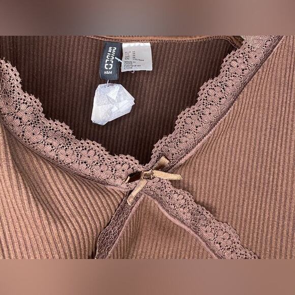 H&M Brown Ribbed Stretch Bodycon Lace Mini Dress Adjustable Y2K Size M Divided - Picture 2 of 5